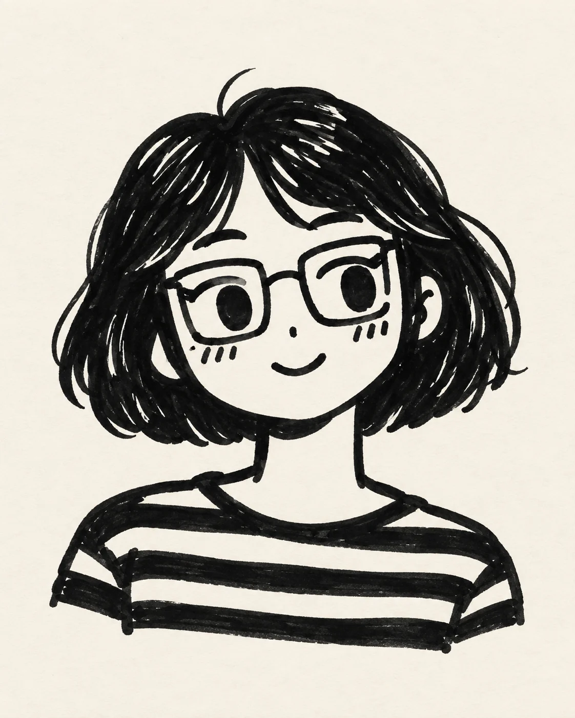 Original black-and-white style study of a fictional person with a short bob and glasses