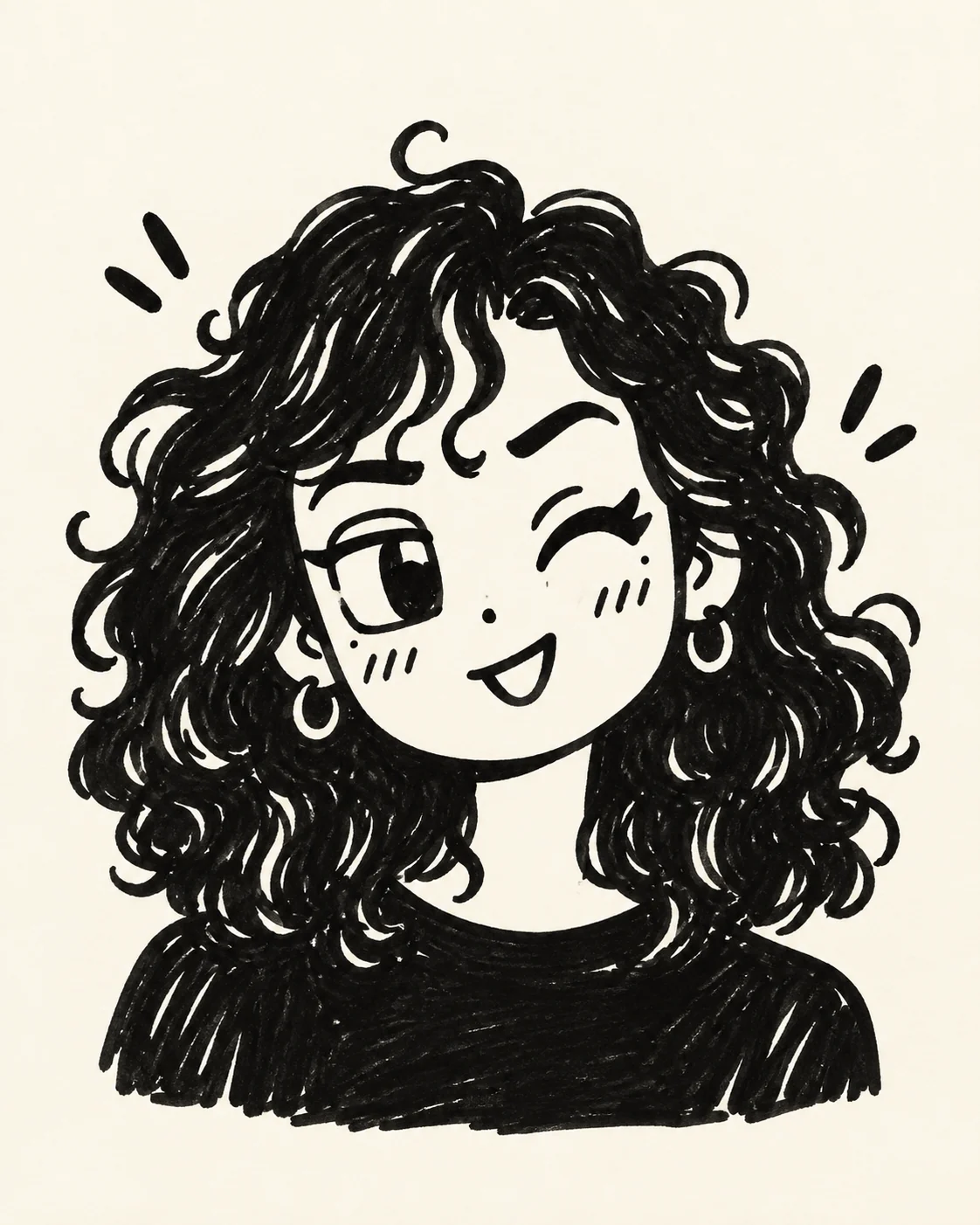 Original black-and-white style study of a fictional person with curly hair