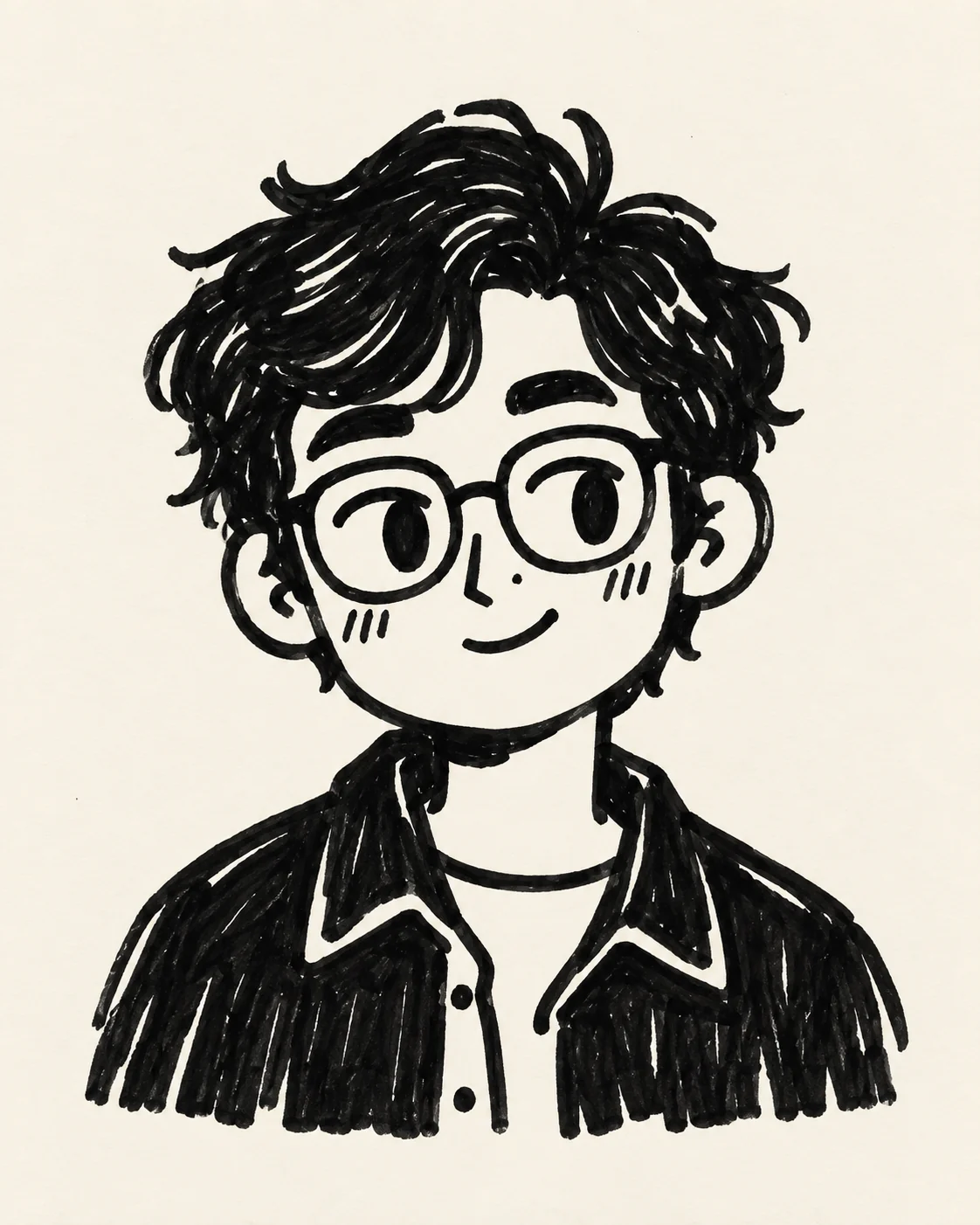 Original black-and-white style study of a fictional person with round glasses