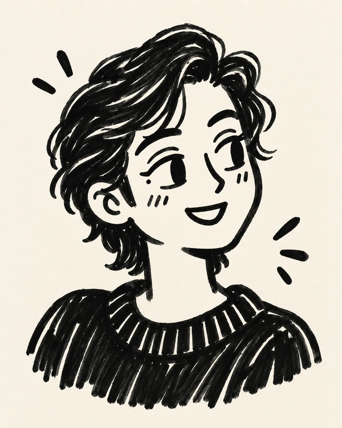 Original black-and-white style study of a smiling fictional person in three-quarter profile